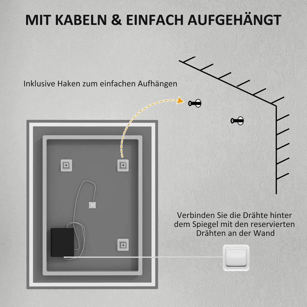 HOMCOM καθρέφτης μπάνιου με φωτισμό 90x70 cm LED καθρέφτης τοίχου με λειτουργία μνήμης 3 χρώματα φωτός Ασημί