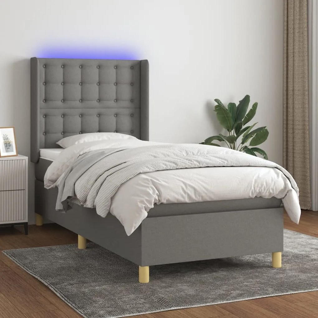 vidaXL Κρεβάτι Boxspring με Στρώμα & LED Σκ.Γκρι 80x200 εκ. Υφασμάτινο