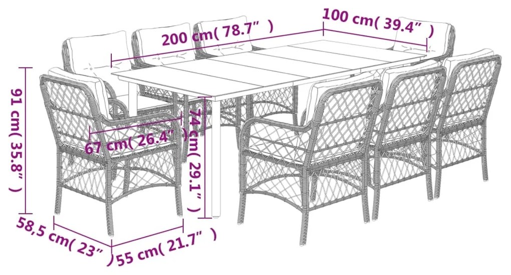 vidaXL Σετ Τραπεζαρίας Κήπου 9 τεμ. Αν. Γκρι Συνθ. Ρατάν με Μαξιλάρια