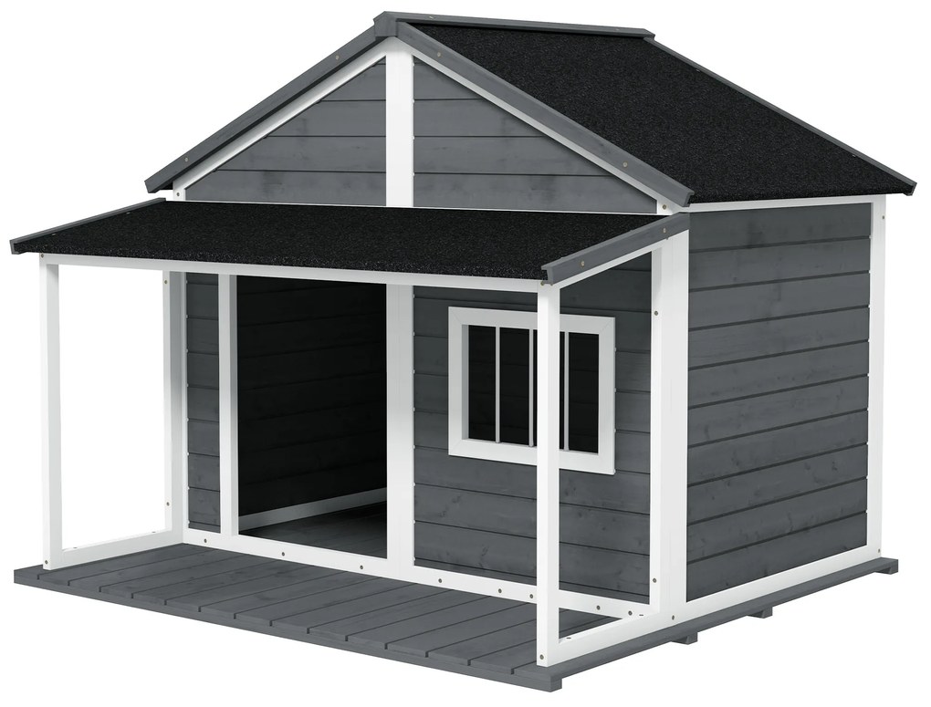 PawHut Σπιτάκι σκύλου εξωτερικού χώρου, με βεράντα, ανθεκτικό στις καιρικές συνθήκες, 124 cm x 112 cm x 105 cm, γκρι + λευκό