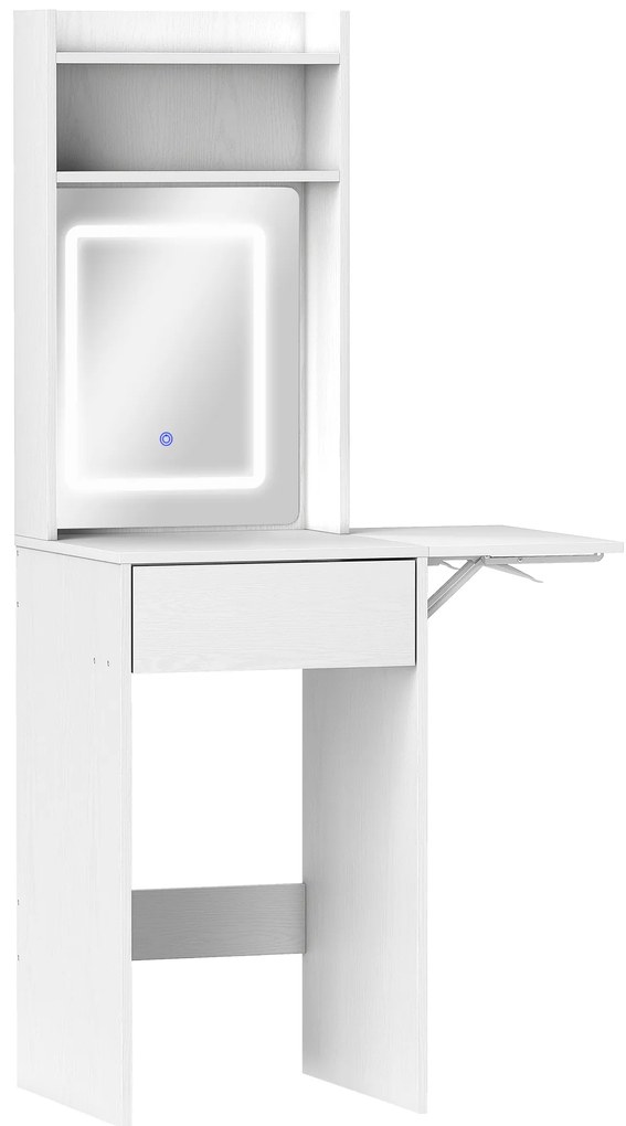 HOMCOM Συμπαγές τραπέζι μακιγιάζ με καθρέφτη και φωτισμό LED, αναδιπλούμενη επιφάνεια, ανοιχτά ράφια, συρτάρι, MDF, λευκό