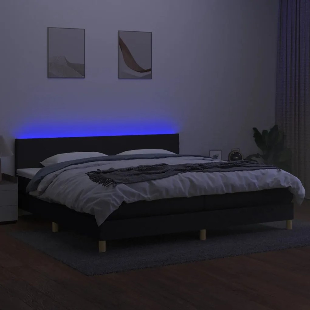 Κρεβάτι Boxspring με Στρώμα &amp; LED Μαύρο 200x200 εκ. Υφασμάτινο - Μαύρο