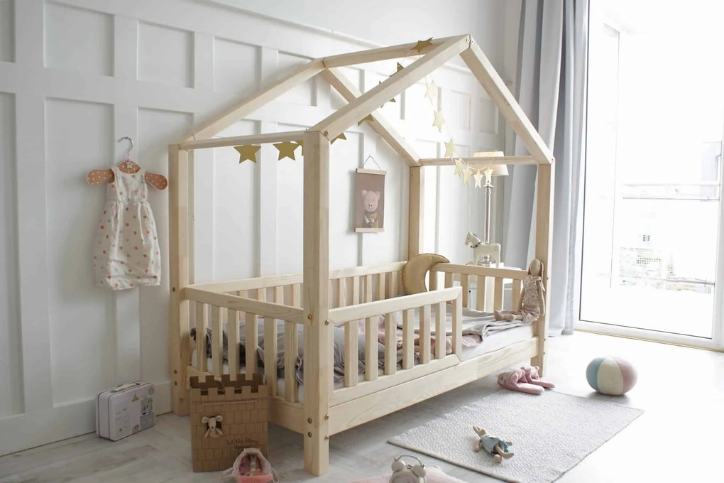 Κρεβάτι Παιδικό Montessori House Bed με κάγκελα 30cm σε Φυσικό  Ξύλο  90×200cm  Luletto (Δώρο 10% έκπτωση στο Στρώμα)