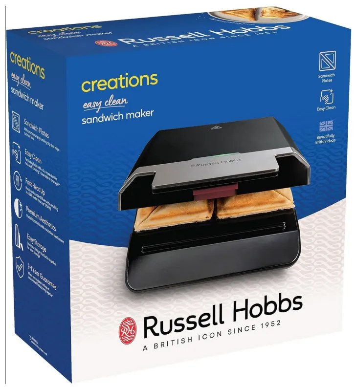 Τοστιέρα σάντουιτς Russell Hobbs Creations 26800-56, 750W, 4 φέτες, Αντικολλητικές πλάκες, Γρήγορη θέρμανση, Ενδείξεις, Μαύρο/inox