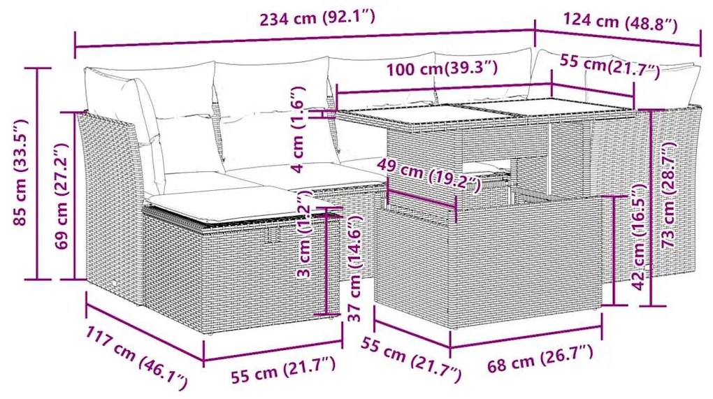 Σαλόνι Κήπου Σετ 7 Τεμαχίων Καφέ Συνθετικό Ρατάν με Μαξιλάρια - Καφέ