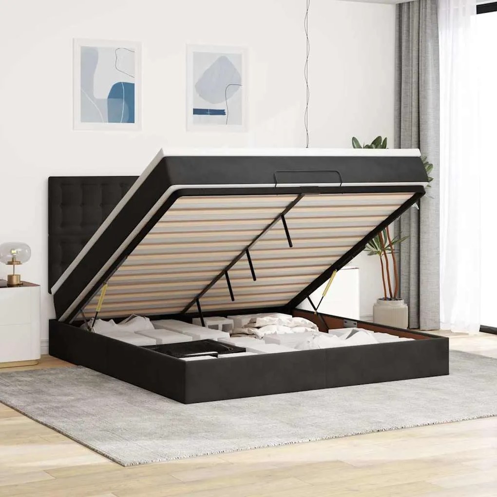 vidaXL Οθωμανικό κρεβάτι με στρώματα &amp; LEDs Μαύρο 160x200cm Velvet
