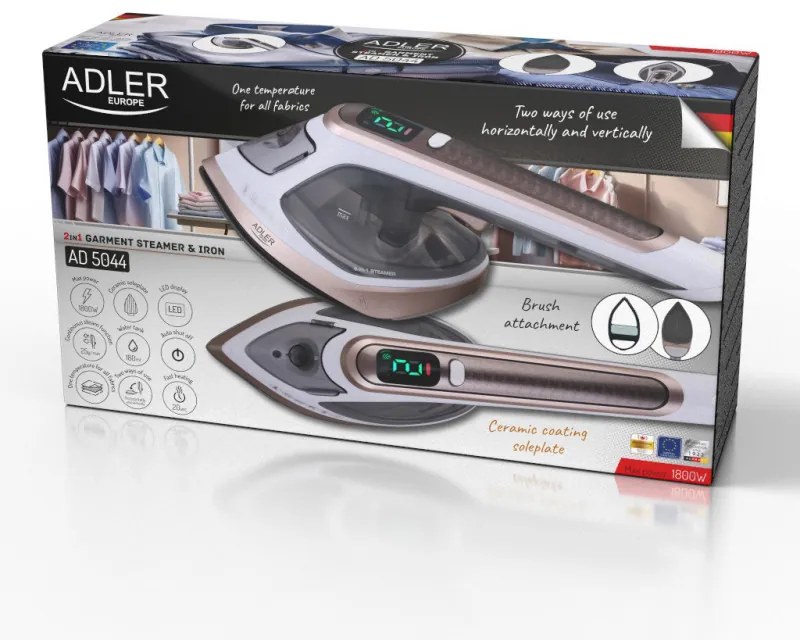 Σίδερο ατμού 2in1 Adler AD 5044, 1800W, 180ml, 25g/min, Κεραμική πλάκα, οθόνη LED, Κάθετο και οριζόντιο σιδέρωμα, Λευκό/Χρυσό