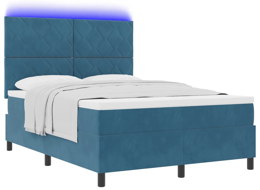 vidaXL Κρεβάτι Box Spring με Στρώμα & LED Σκούρο Μπλε 140x200 εκ Βελούδο