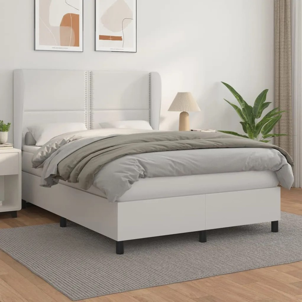 vidaXL Κρεβάτι Boxspring με Στρώμα Λευκό 140x190εκ.από Συνθετικό Δέρμα