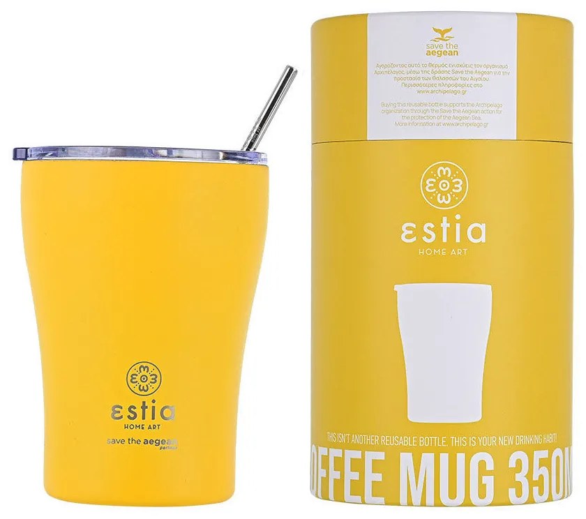 Estia 01-12458 Save The Aegean Ποτήρι Θερμός με Καλαμάκι 350ml, Pineapple Yellow