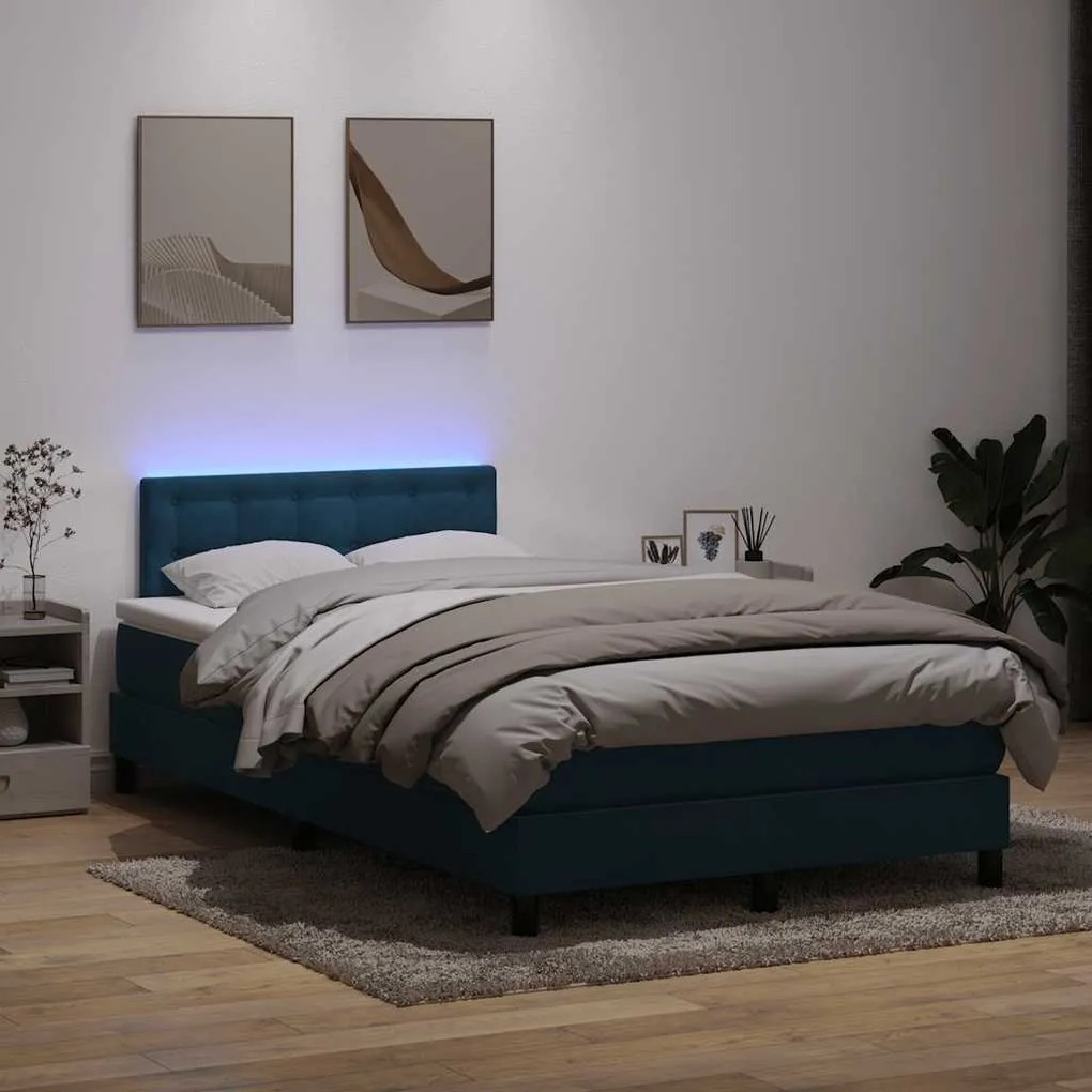 vidaXL Κρεβάτι Boxspring με Στρώμα &amp; LED Σκούρο Μπλε 120x210 εκ. Βελούδινο