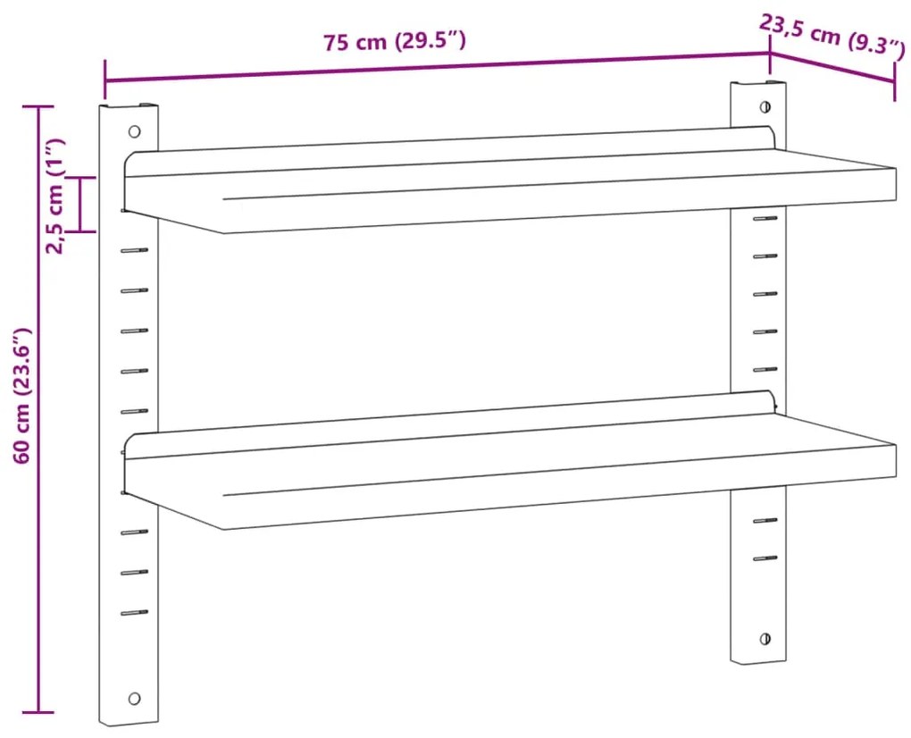 Ράφι Τοίχου 2 Επιπ. Ασημί 75x23,5x60 εκ. Ανοξείδωτο Ατσάλι - Ασήμι