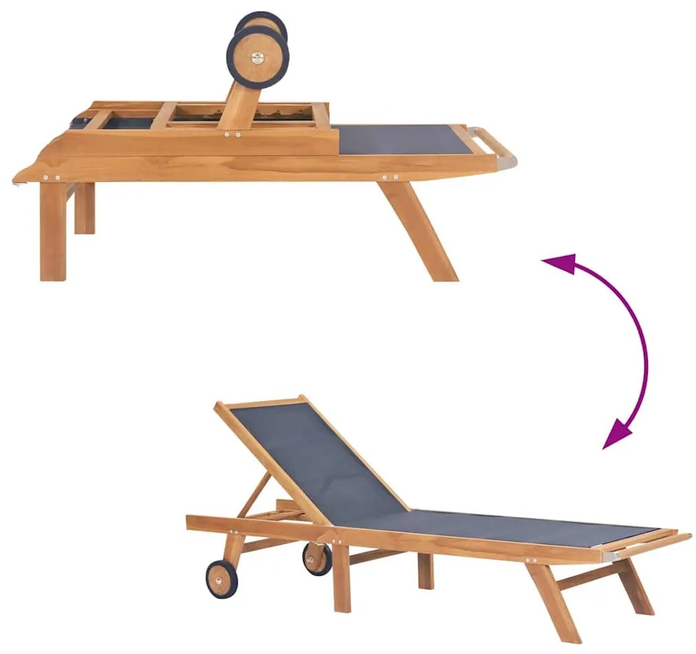 vidaXL Ξαπλώστρα Πτυσσόμενη από Μασίφ Ξύλο Teak και Textilene με Ρόδες