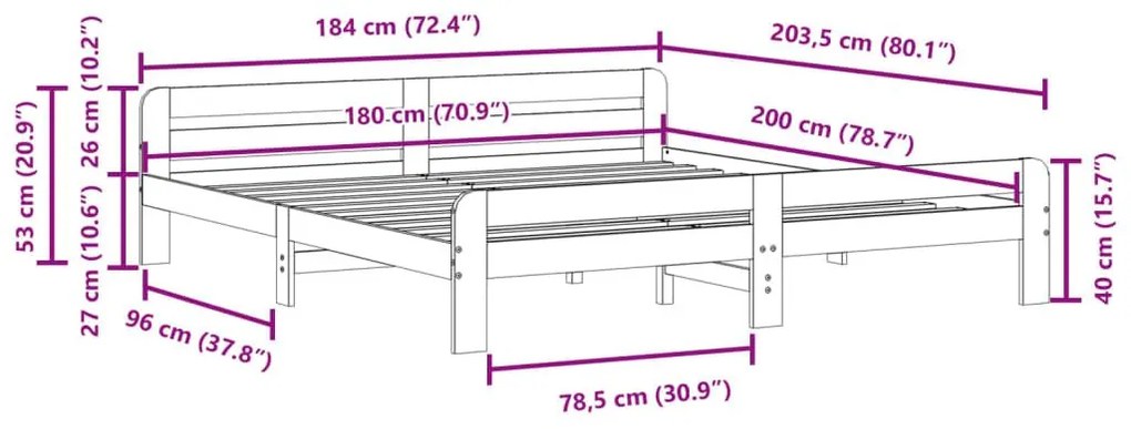 Σκελετός Κρεβατιού Χωρίς Στρώμα 180x200 εκ Μασίφ Ξύλο Πεύκου - Καφέ