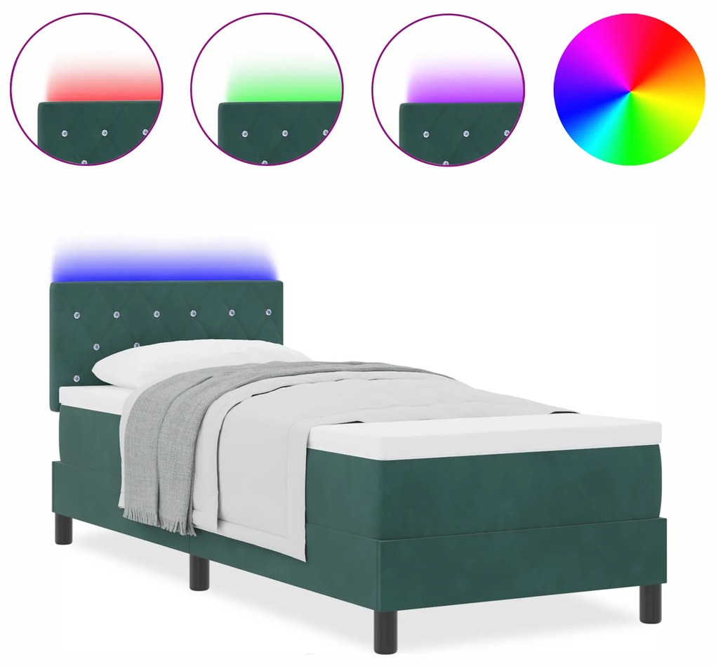 vidaXL Κρεβάτι με Στρώμα & LED Σκούρο Πράσινο 80x200 εκ. Βελούδο