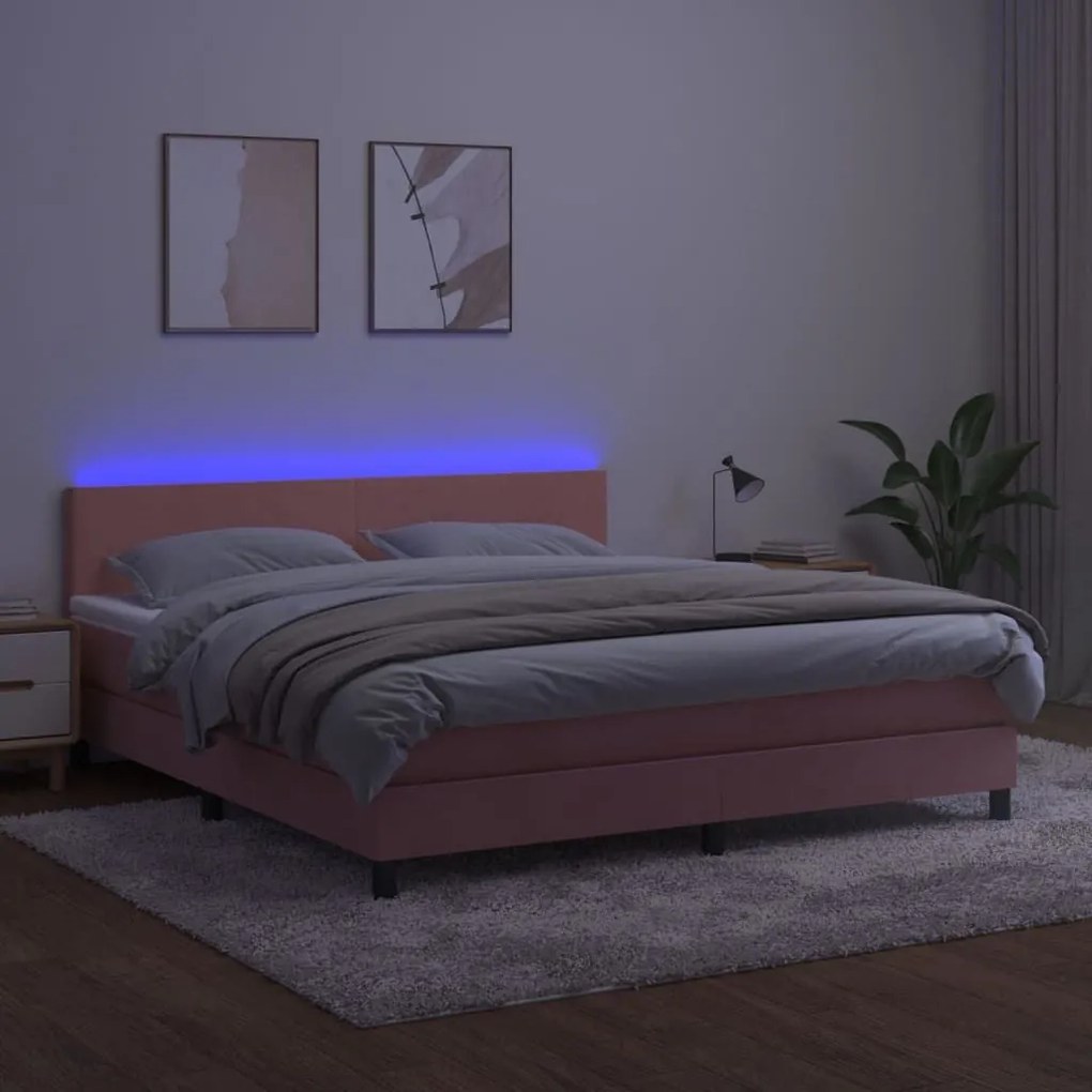 Κρεβάτι Boxspring με Στρώμα &amp; LED Ροζ 180x200 εκ. Βελούδινο - Ροζ