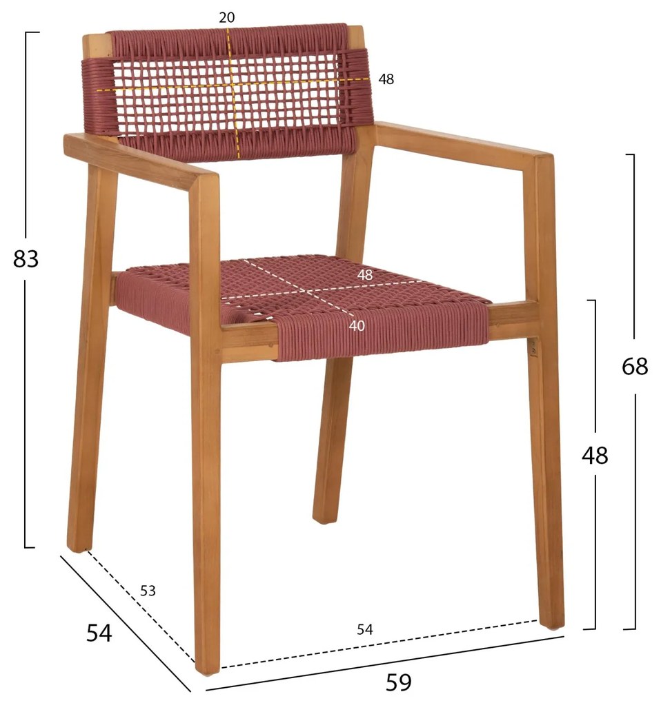 Πολυθρόνα CHARLOTTE Ξύλο Teak Φυσικό και Σχοινί Ρόζ 59x54x83Yεκ. 59x54x83 εκ.