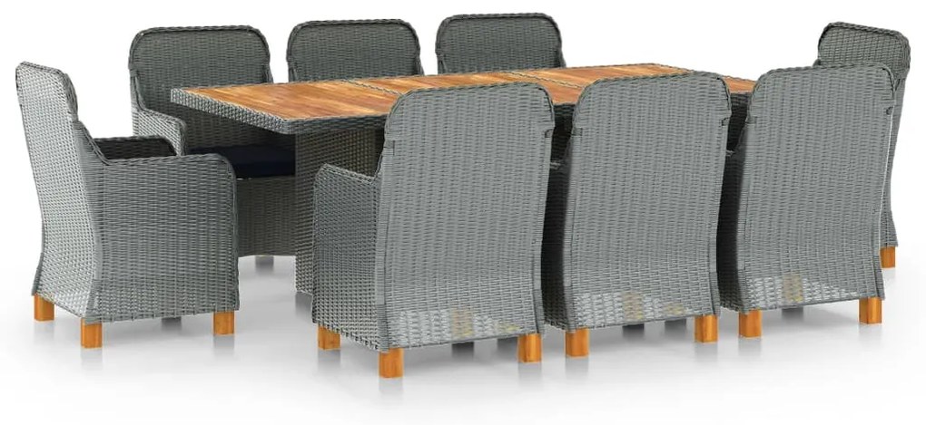 vidaXL Τραπεζαρία Εξ. Χώρου 9 τεμ Ανοιχτό Γκρι Συνθ. Ρατάν &amp; Μαξιλάρια