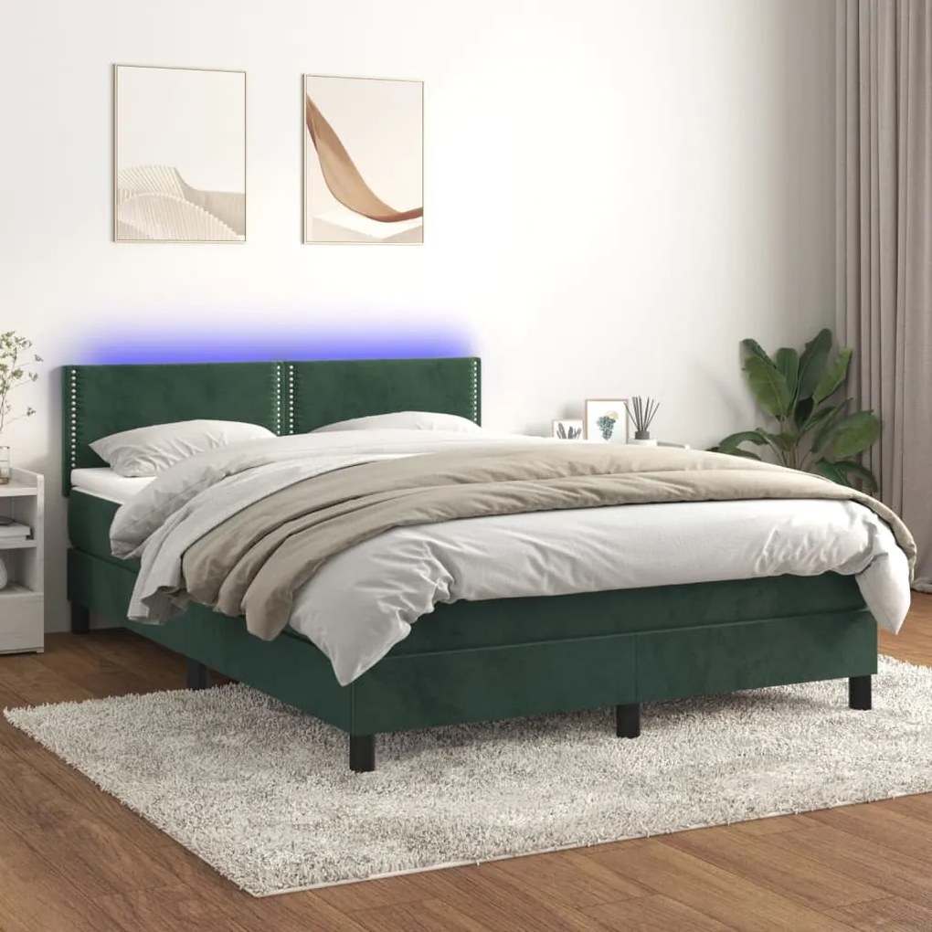 vidaXL Κρεβάτι Boxspring με Στρώμα & LED Σκ. Πράσινο 140x200εκ Βελούδο