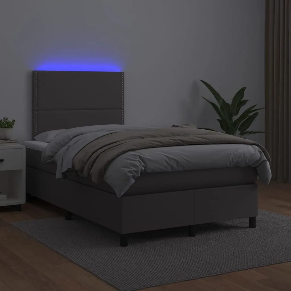 vidaXL Κρεβάτι Boxspring με Στρώμα &amp; LED Γκρι 120x200 εκ. Συνθ. Δέρμα