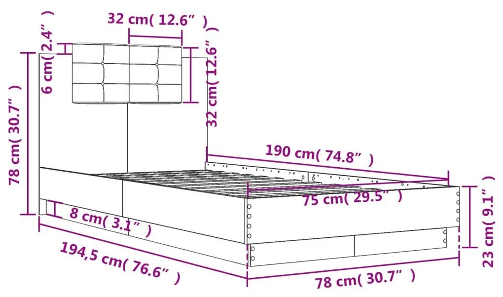 Πλαίσιο Κρεβατιού με Κεφαλάρι Καφέ Δρυς 75x190 εκ. - Καφέ