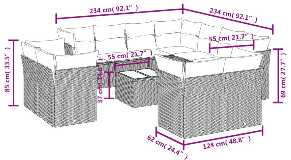vidaXL Σαλόνι Κήπου Σετ 12 τεμ. Μπεζ Συνθετικό Ρατάν με Μαξιλάρια