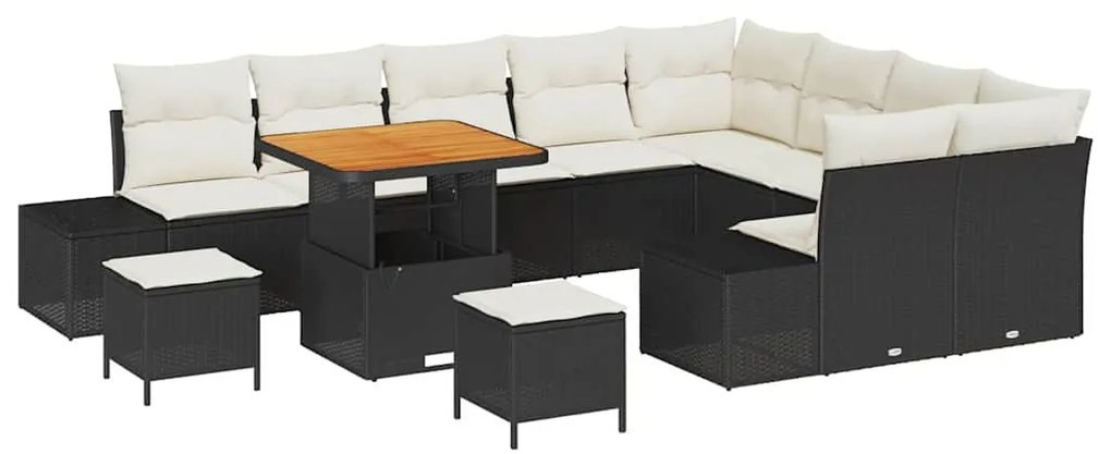 vidaXL Σετ κήπου 12 τμχ με μαξιλάρια, μαύρο πολυ rattan, ακακία.