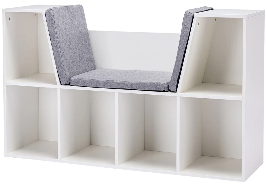 HOMCOM 2-σε-1 παιδικό ράφι + πάγκος καθίσματος με μαξιλάρι 103 cm × 30 cm × 62 cm Λευκό + Γκρι