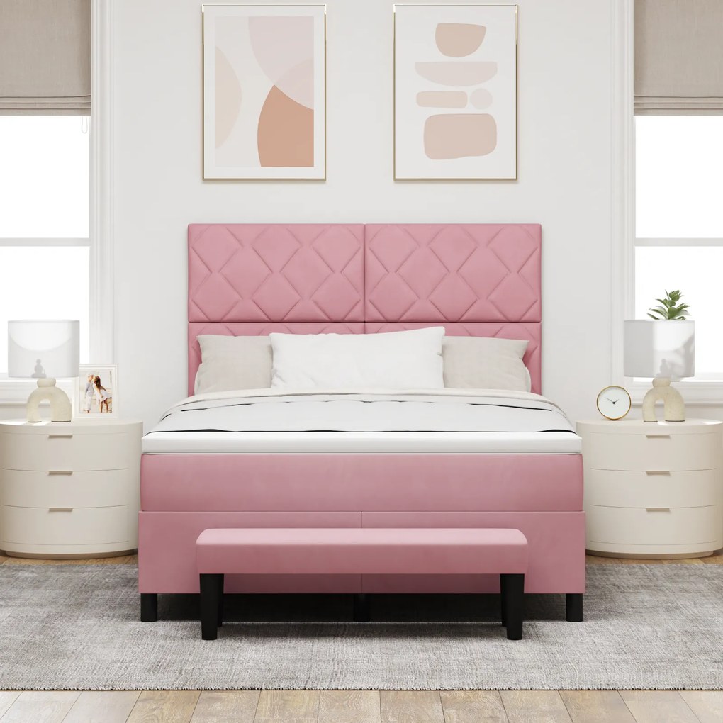 vidaXL Κρεβάτι Box Spring με Στρώμα & Πάγκο Ροζ 140x190 εκ Βελούδο