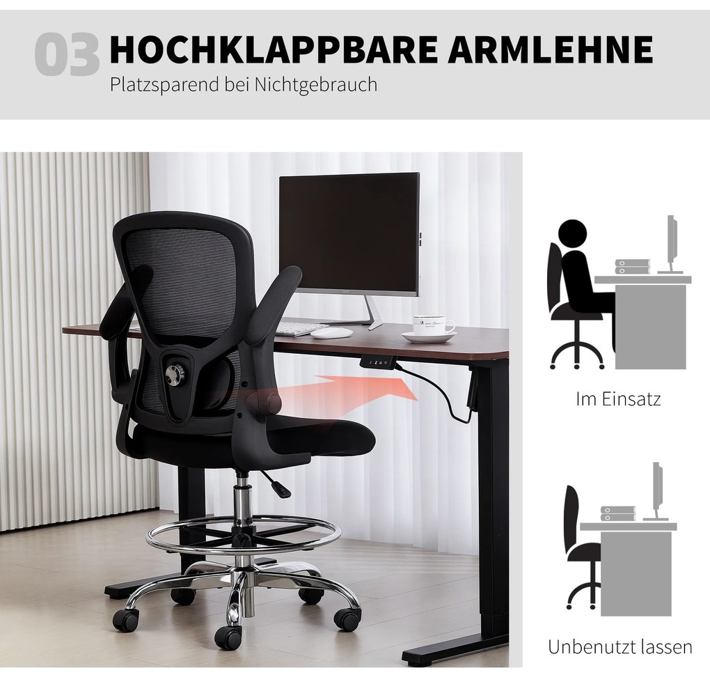 HOMCOM Καρέκλα σχεδίασης με οσφυϊκή υποστήριξη, ρυθμιζόμενο ύψος, περιστρεφόμενη, για οικιακό γραφείο, στούντιο, καλλιτεχνικά έργα, μαύρο