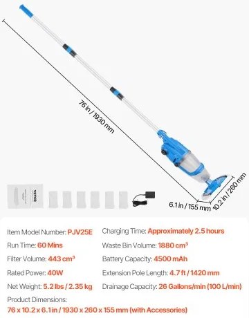 VEVOR Pool Vacuum 26 GPM Rechargeable Pool Cleaner Max. 1H with Extension Pole