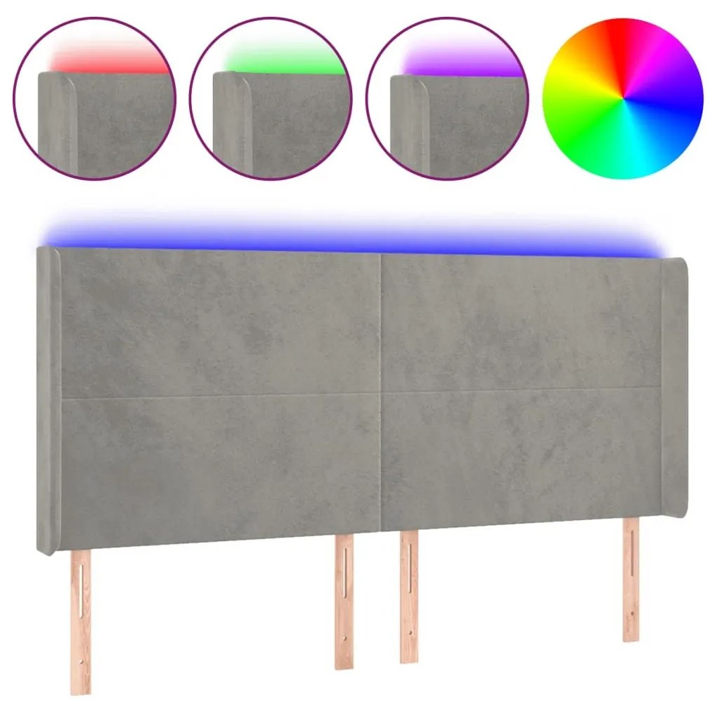 Κεφαλάρι Κρεβατιού LED Ανοιχτό Γκρι 163x16x118/128εκ. Βελούδινο - Γκρι