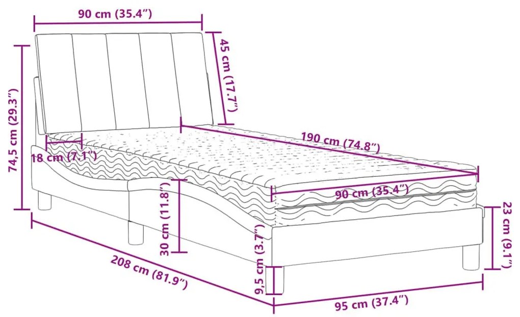 Κρεβάτι με Στρώμα Ανοιχτό Γκρι 90x190 εκ. Βελούδινο - Γκρι