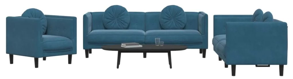 vidaXL Σετ Σαλονιού 3 Τεμαχίων Μπλε Βελούδινο με Μαξιλάρια