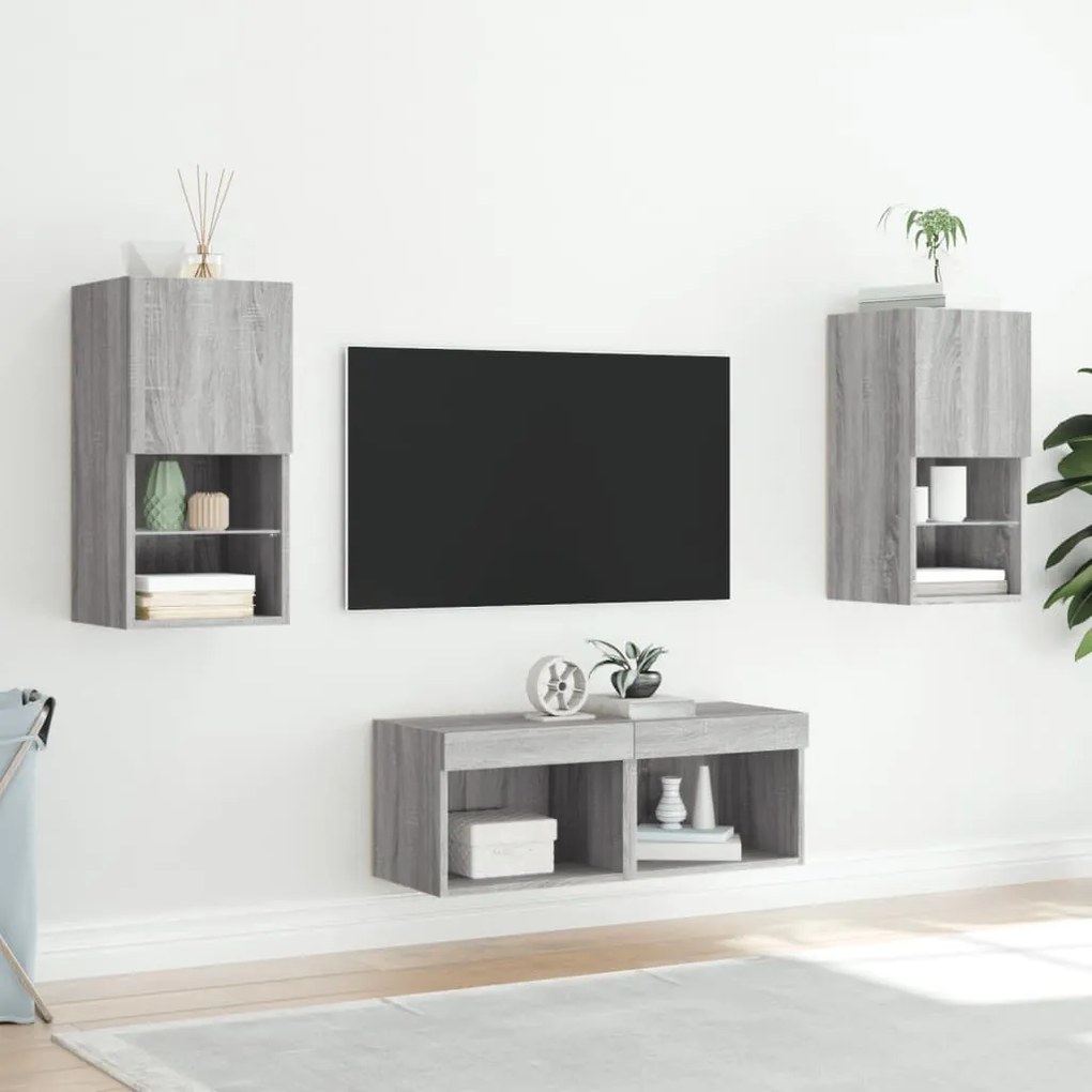 vidaXL Ντουλάπια Τηλεόρασης Τοίχου 4 Τεμ. με Φώτα LED Γκρι Sonoma