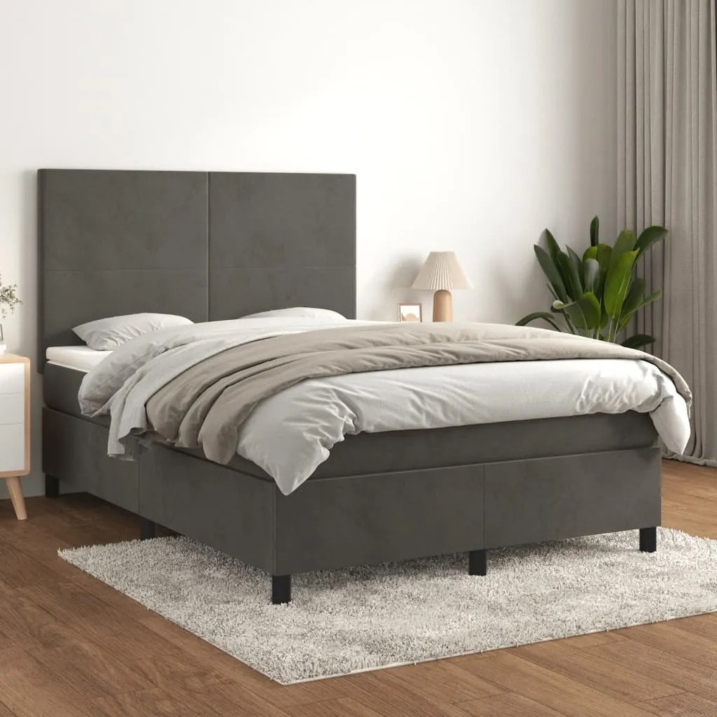 vidaXL Κρεβάτι Boxspring με Στρώμα Σκούρο Γκρι 140x190 εκ. Βελούδινο