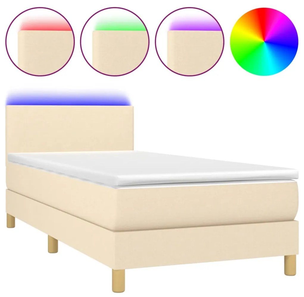 vidaXL Κρεβάτι Boxspring με Στρώμα & LED Κρεμ 90x190 εκ. Υφασμάτινο