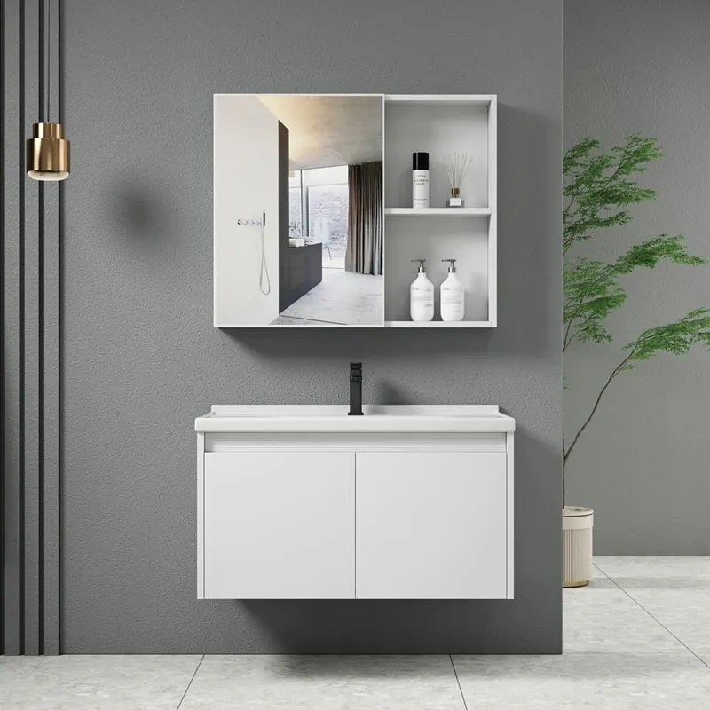 WOODWELL IDEA-1 Set Έπιπλο Κρεμαστό Μπάνιου Άσπρο, Καθρέπτης + Πάγκος με Νιπτήρα και Μπαταρία Up:55x11x60cm Down:60x47x45cm ΕΝ100,1