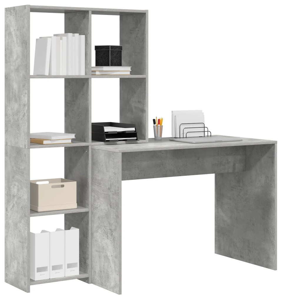 vidaXL Γραφείο με ράφι Γκρι σκυροδέματος 138.5 x 55 x 143 εκ
