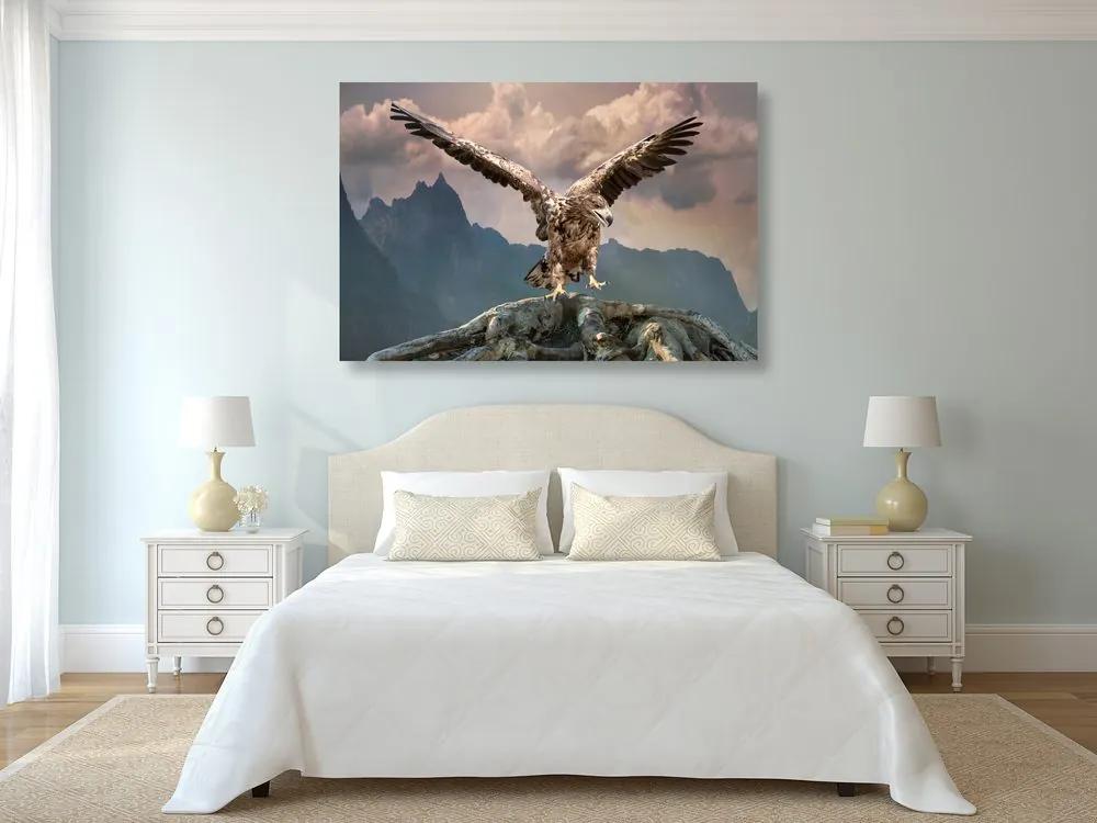 Εικόνα αετού με απλωμένα φτερά πάνω από τα βουνά