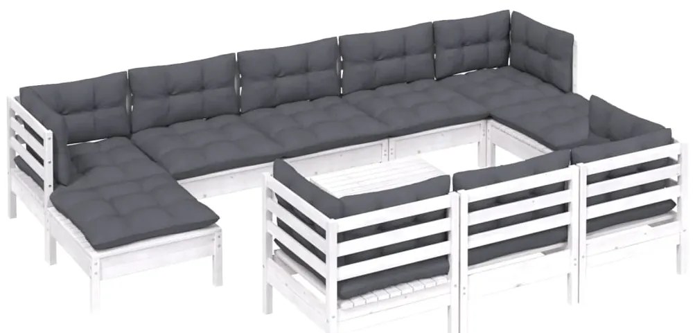 vidaXL Σαλόνι Κήπου Σετ 11 Τεμ. Λευκό Μασίφ Ξύλο Πεύκου & Μαξιλάρια