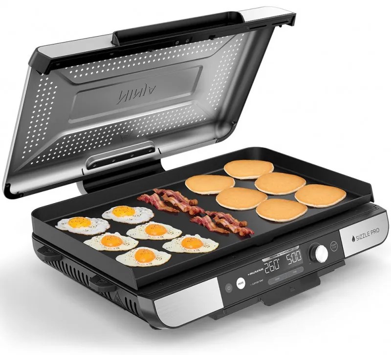 Ηλεκτρική ψησταριά Ninja Sizzle Pro XL GX101EU, 1800W, 120°-260°C, 2 κεραμικά πλόκια, 10 μπιφτέκια, ProTemp IQ, Swalajem kapak, Ceren/Inox