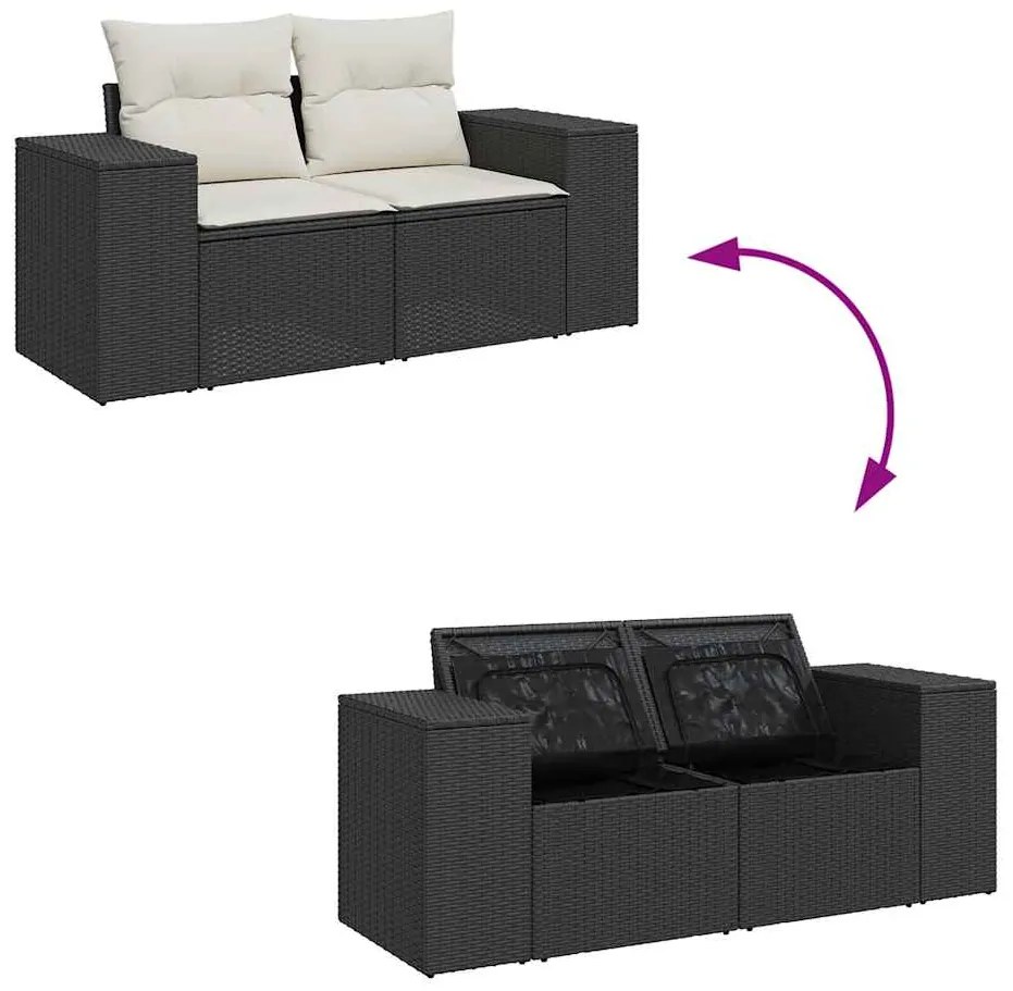 vidaXL Καναπές Κήπου Διθέσιος Μαύρος από Συνθετικό Ρατάν με Μαξιλάρια