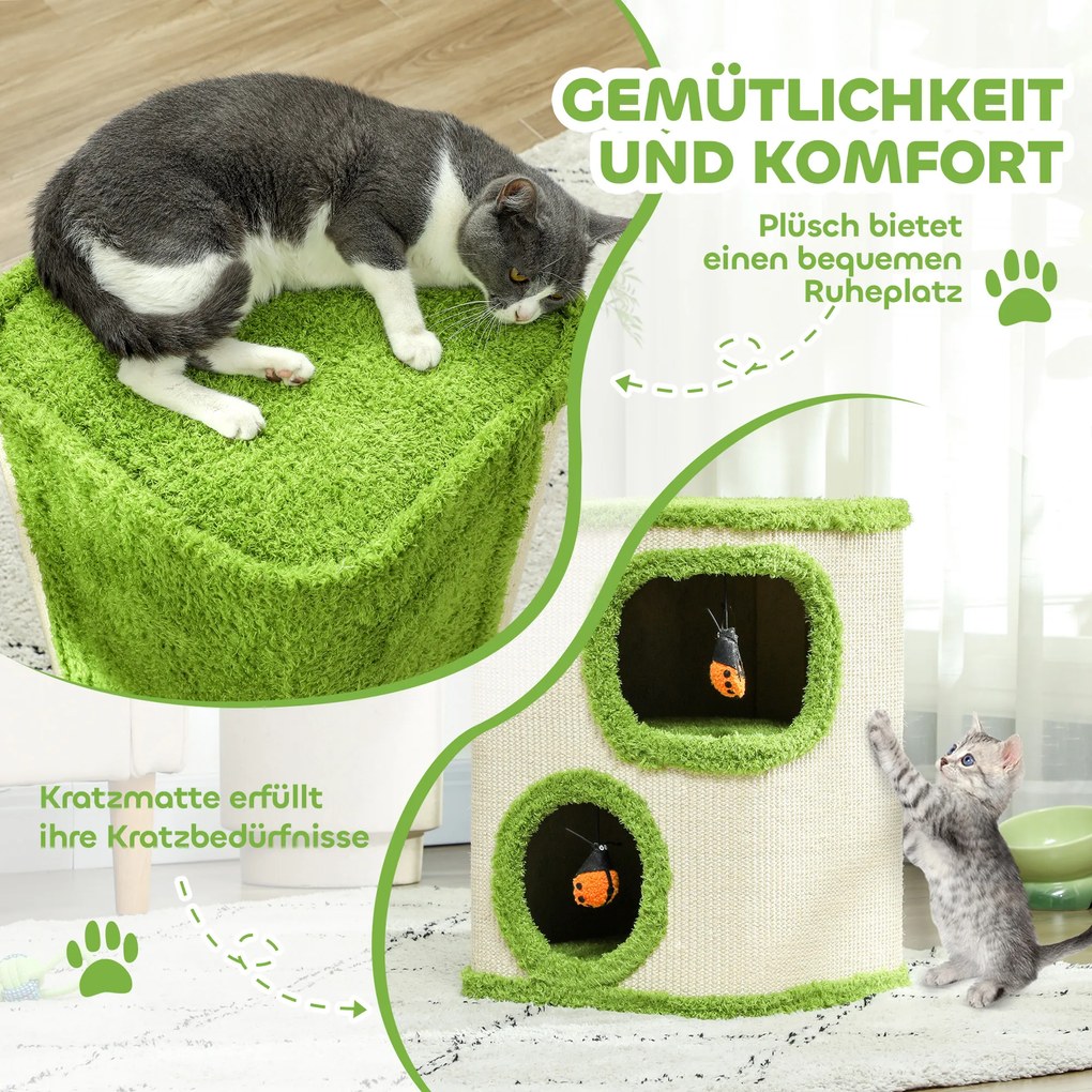 Πύργος ξυσίματος PawHut, 52 εκ., σπηλιά για γάτες με βελούδο, επιφάνεια ξυσίματος, παιχνίδι, Πράσινο/Κρεμ Λευκό