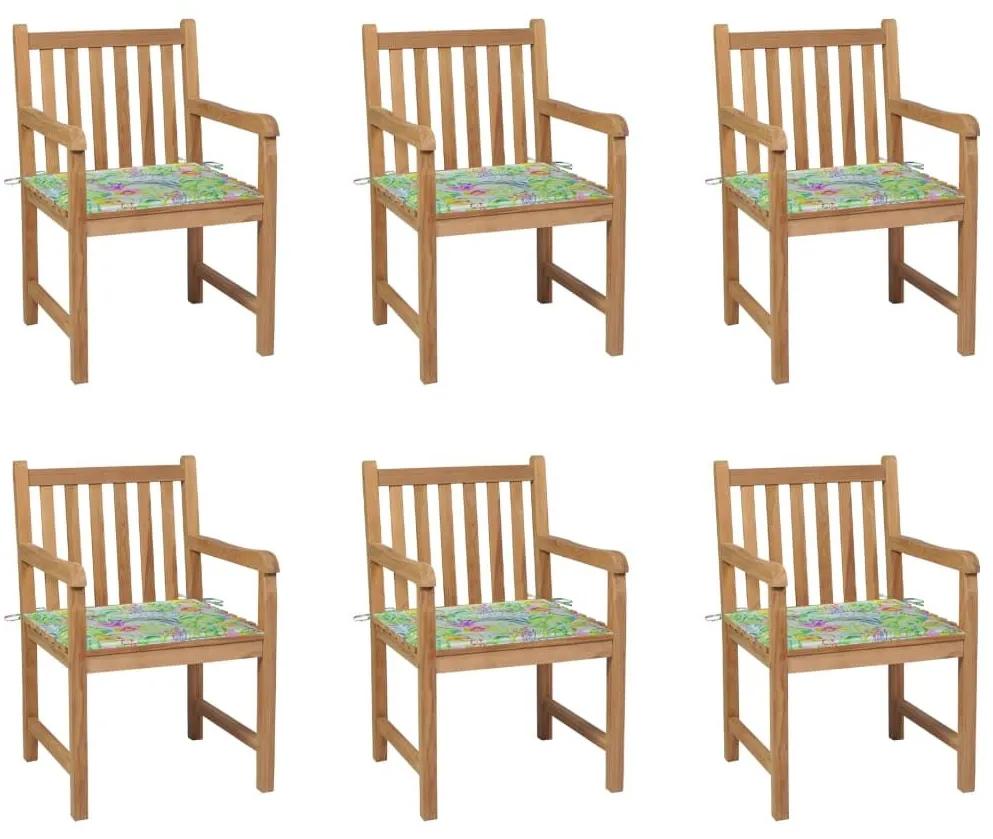 Καρέκλες Κήπου 6 τεμ. Μασίφ Ξύλο Teak &amp; Μαξιλάρια Σχέδιο Φύλλων - Καφέ