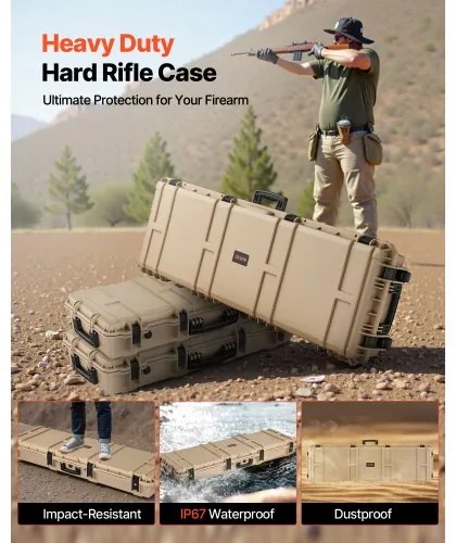 VEVOR Hard Rifle Case, Lockable Rifle Case with Pre-cut Foams, 1320 mm Gun Storage with Wheels, Heavy Duty IP67 Waterproof &amp; Dustproof Pistol Storage Cases for Rifles, Shotguns, Airsoft Guns, Khaki