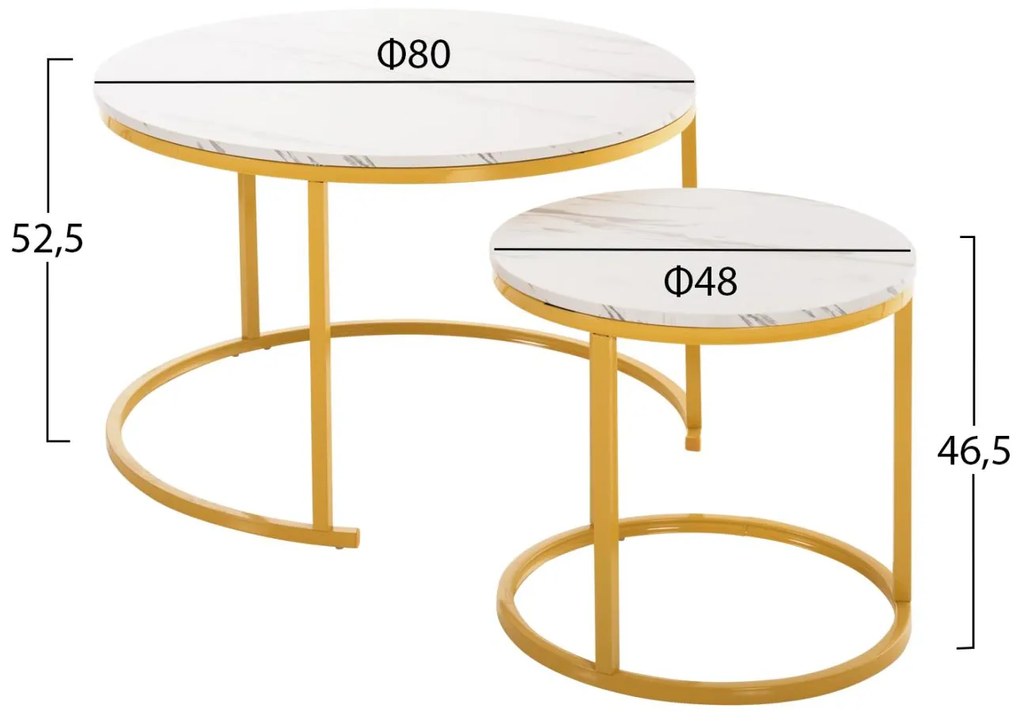 Τραπεζάκι σαλονιού C8763.11 Σετ 2 τεμ MDF Λευκό Μάρμαρο και Χρυσά πόδια Φ80 και Φ48εκ. 80x80x52 εκ.