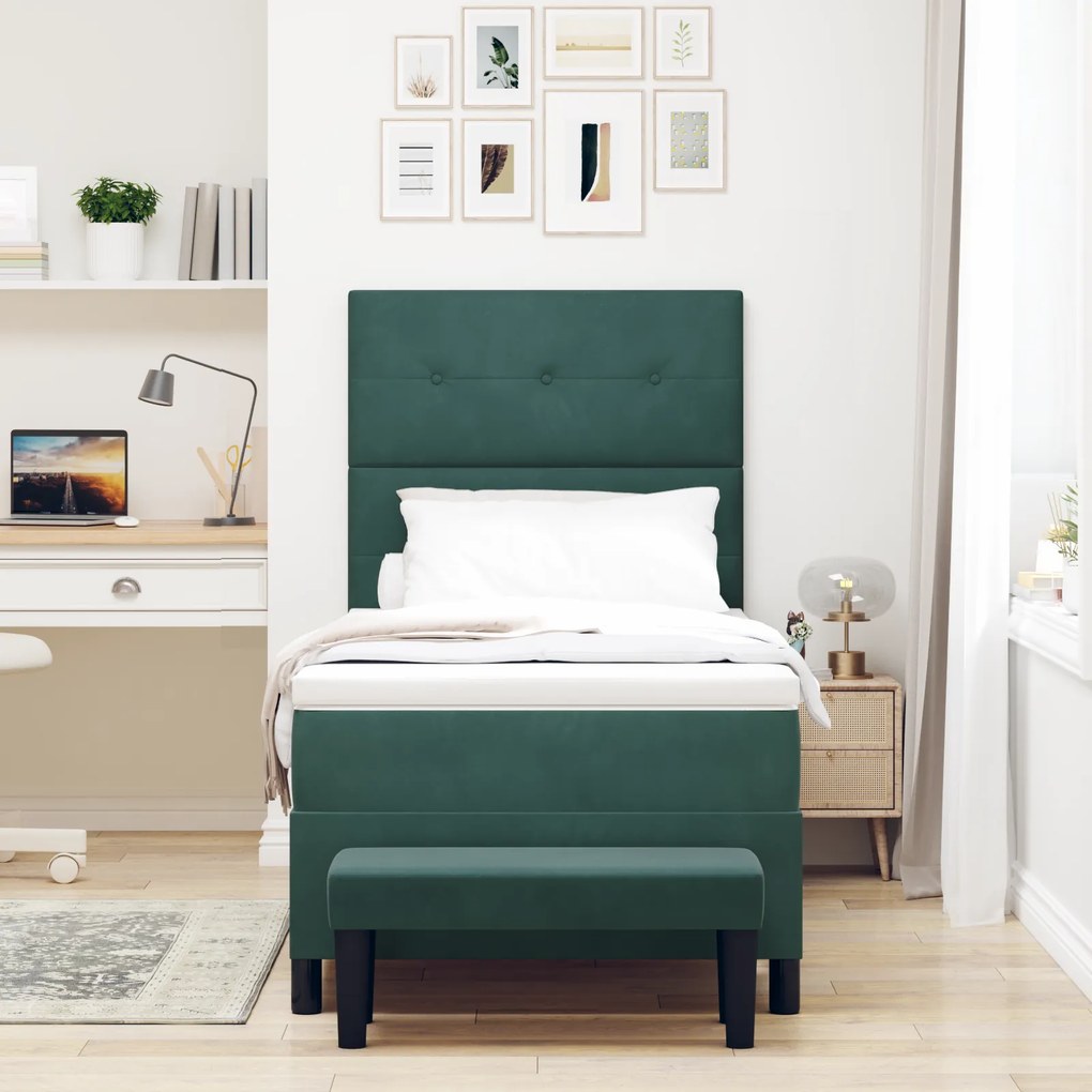 vidaXL Box Spring Κρεβάτι με Μαξιλάρι & Πάγκο Σκούρο Πράσινο 80x200 cm Βελούδο