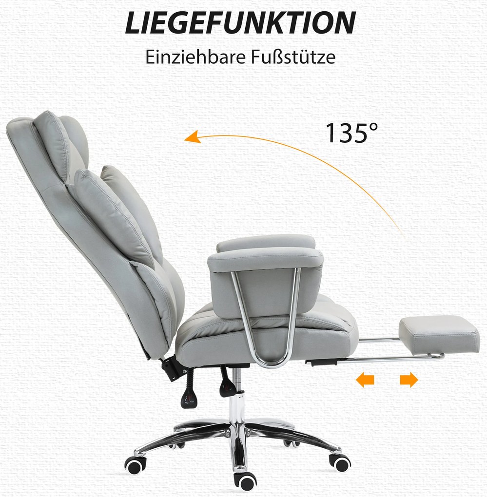 HOMCOM Εργονομική καρέκλα γραφείου, με επένδυση, με υποπόδιο, ρυθμιζόμενη πλάτη, περιστροφή 360°, Ανοιχτό Γκρι