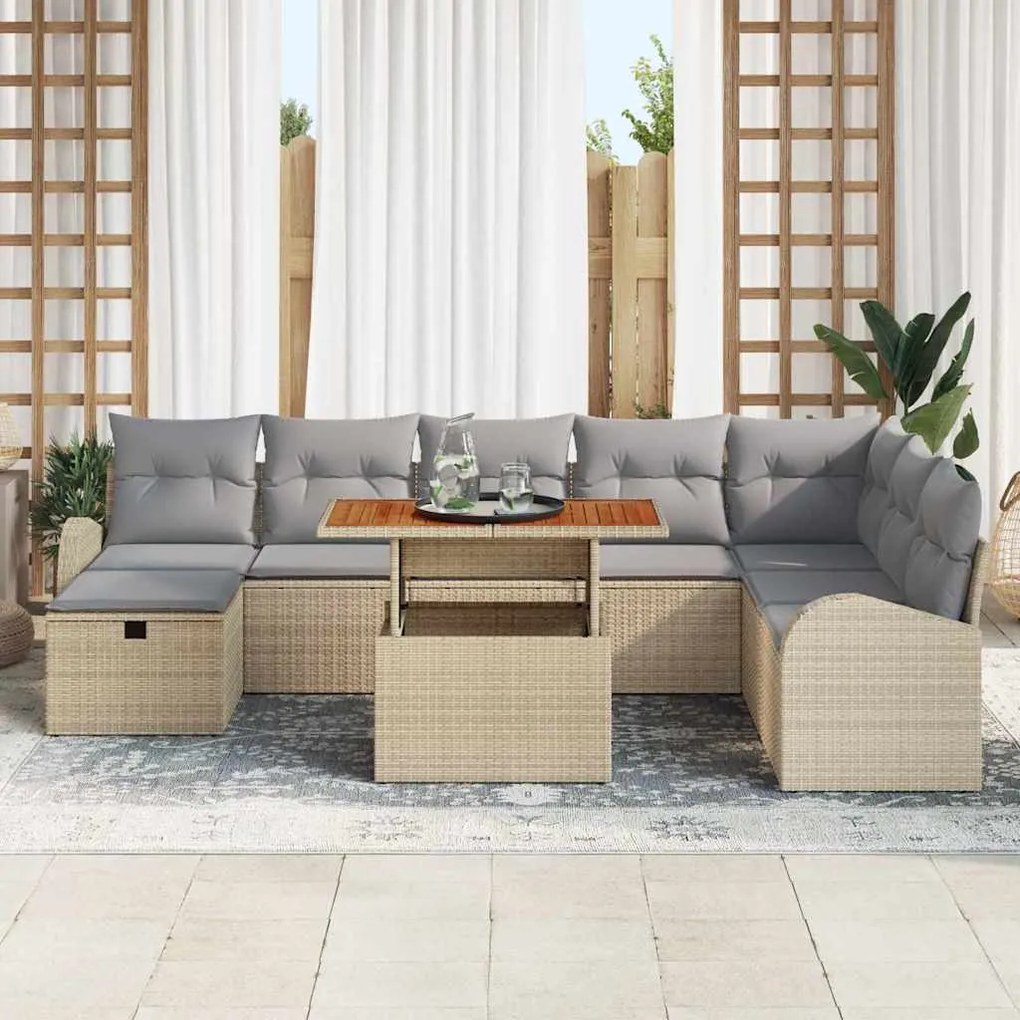vidaXL Σετ Καναπέ Κήπου με μαξιλάρι 9 pcs Μπεζ Πολυ ράταν